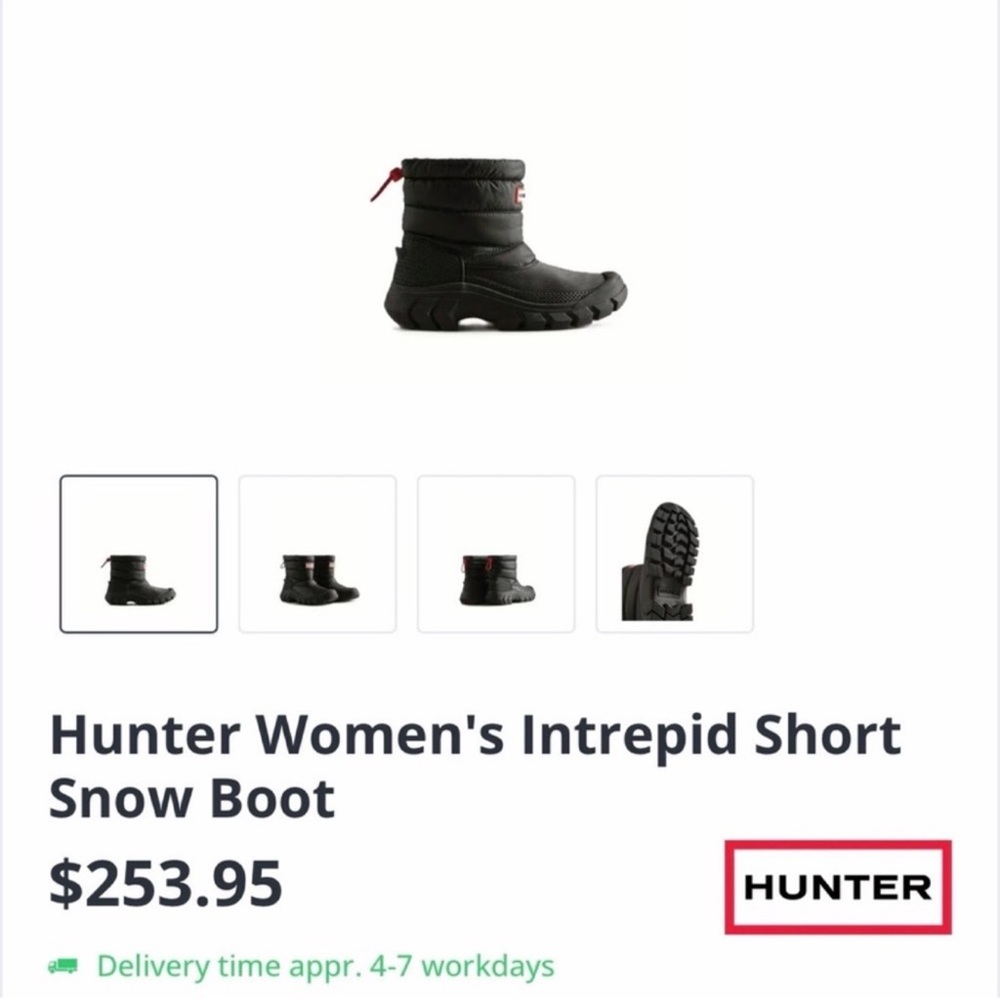 Hunter Women's Black Intrepid Short Snow Boot sz 7 New in box !!!